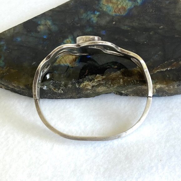 Taxco Sterling Silver Mexico Sandcast Turquoise Modernist Hinged Bangle Bracelet - Picture 6 of 16